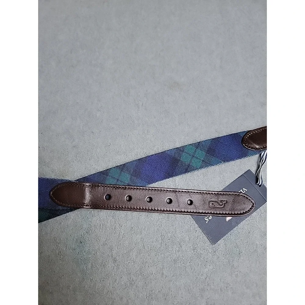 Vineyard Vines Belt Mens 30 Tartan Plaid Blue Green Leather Preppy Dad Whale NEW